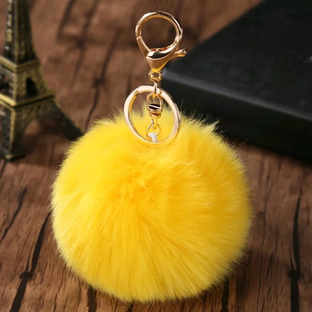 Soft Fluffy Yellow Faux Rabbit Fur Ball Gold Keychain Key Chain Bag Accessories